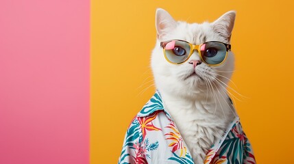 White british cat are wear sunglass and shirt on colored background - obrazy, fototapety, plakaty
