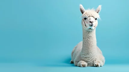 Wandcirkels tuinposter White funny alpaca on blue background © Rosie