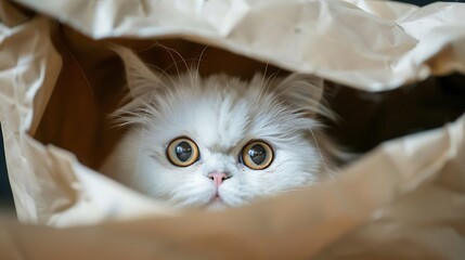White Persian cat hidden in a paper bag