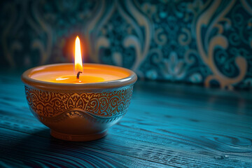 A single lit candle in an elegant, decorative bowl against the backdrop of intricate blue wallpaper with soft lighting and copy space for text