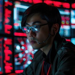 A determined Asian network security analyst conducting a red team exercise, simulating real-world cyber attacks to test the resilience of organizational defenses and incident response capabilities. - obrazy, fototapety, plakaty