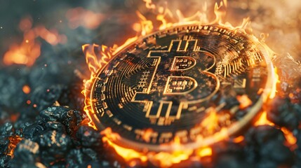Illustrate the Bitcoin logo being consumed by fire an allegory of investment volatility - obrazy, fototapety, plakaty