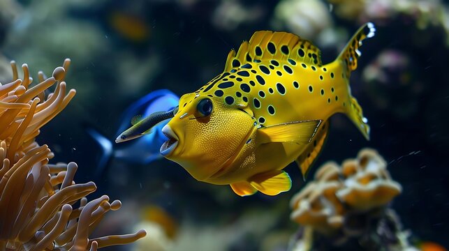 Yellow boxfish being cleaned by bluestreak cleaner wrasse at cleaning station