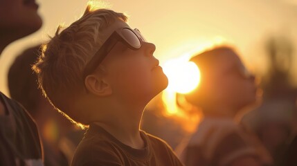 Child wearing protective glasses watching sunset. Solar eclipse viewing concept for family and educational activities - obrazy, fototapety, plakaty
