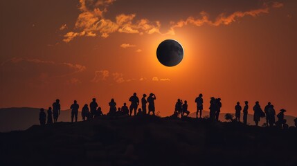 Silhouettes of people on hill during solar eclipse. Nature and science concept with sunset