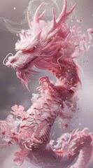 Chinese dragon with pink body, white hair and flowers on its head.