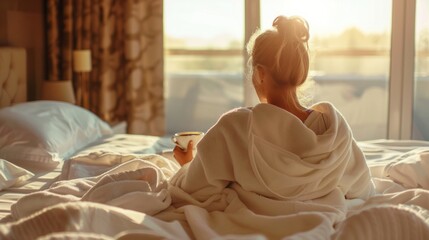 woman in bathrobe lies in bed and enjoys a sunny morning with a cup of coffee generative ai - obrazy, fototapety, plakaty