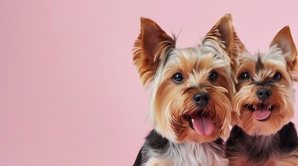 Yorkshire terrier dog friends isolated on pink background