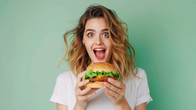 woman holding a hamburger with a surprised face generative ai
