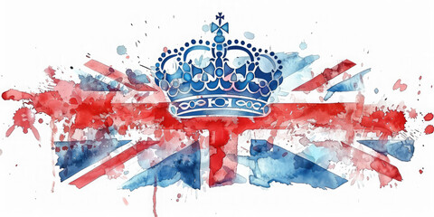 watercolor crown and British flag on a white background, illustration, monarchy, coronation, Great Britain, drawing, jewel, gold, symbol, power, king, queen, kingdom, greatness