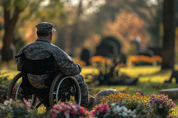 A military veteran in a wheelchair, at a military cemetery, honors the memory of fallen colleagues. Generative AI