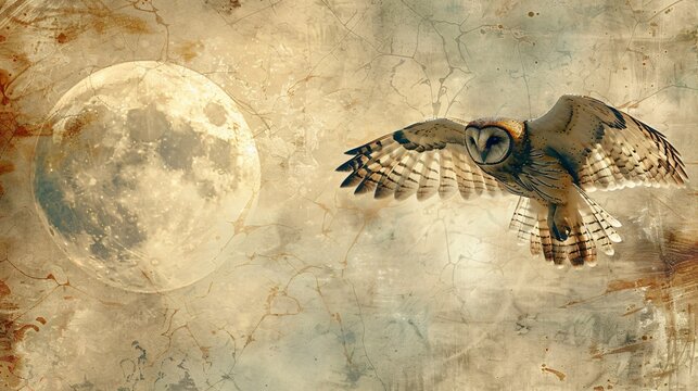 Illustration of an owl in flight vintage style set against a moonlit night sky with wispy clouds