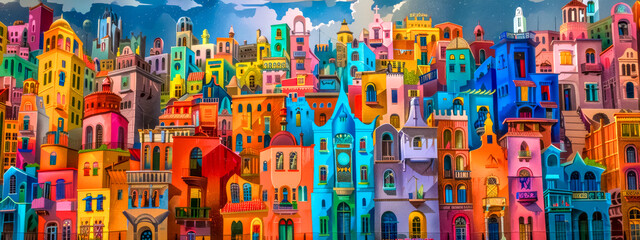 Fototapeta premium Vibrant colorful fantasy cityscape illustration