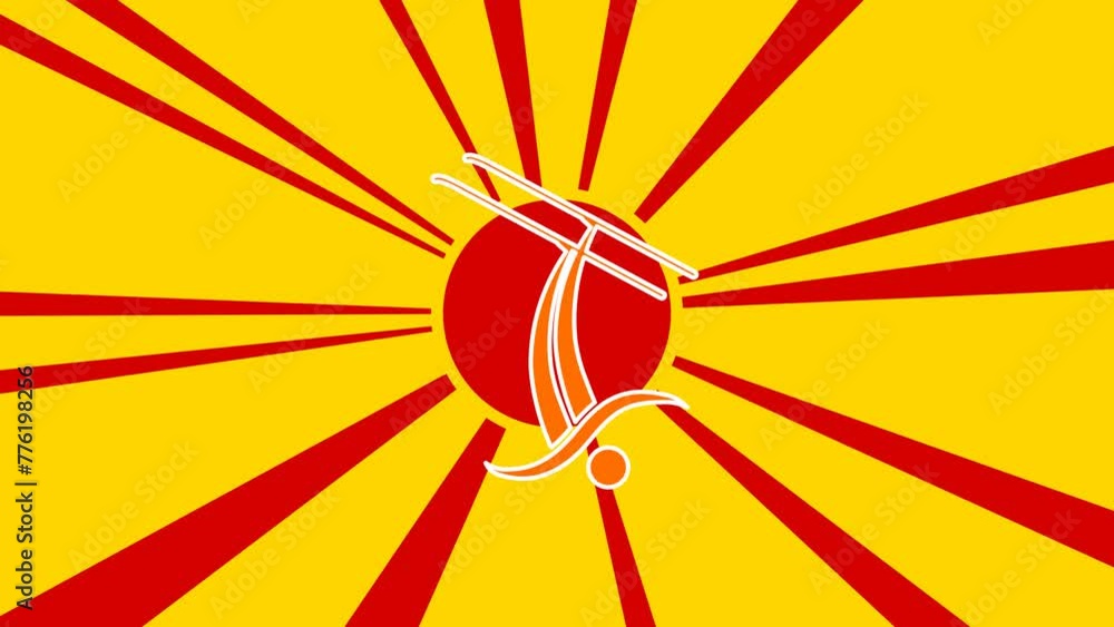 Poster freestyle skiing symbol on the background of animation from moving rays of the sun. large orange sym