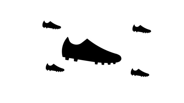 Zoom in and out animation the football boot symbol. Large black symbol in the center and four small symbols around. Seamless looped 4k animation on white background