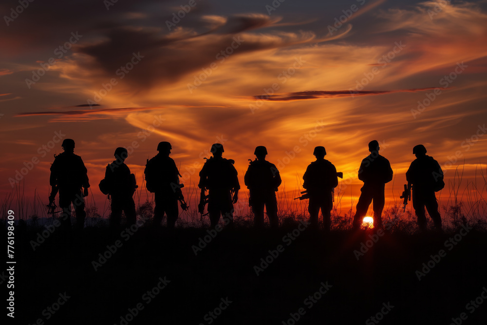 Wall mural field at sunset, soldiers silhouettes, a tribute to service and sacrifice. generative ai