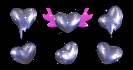 Set of 3D chrome hearts in y2k style. Balloon metal hearts from different angles, a heart with pink wings with sparkles on a dark background.Vector. - obrazy, fototapety, plakaty