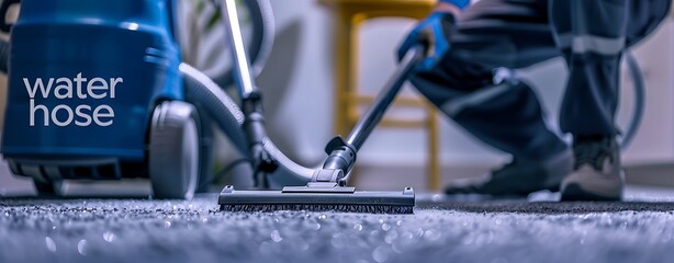 A carpet cleaning service worker is working on the grey carpet in an apartment, focusing on his...