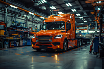 Shiny new orange truck in a factory setting - obrazy, fototapety, plakaty