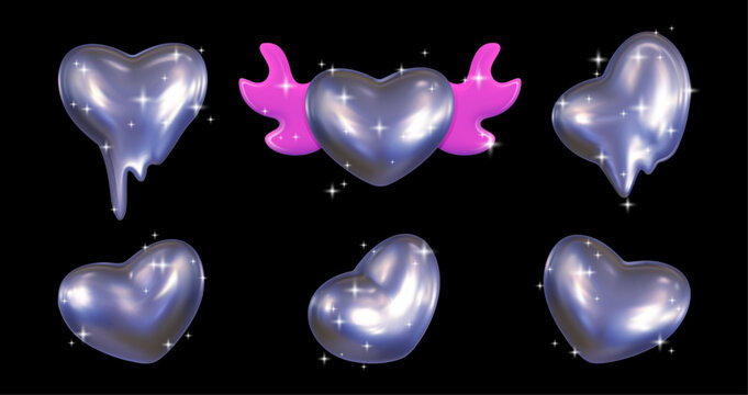 Set of 3D chrome hearts in y2k style. Balloon metal hearts from different angles, a heart with pink wings with sparkles on a dark background.Vector.