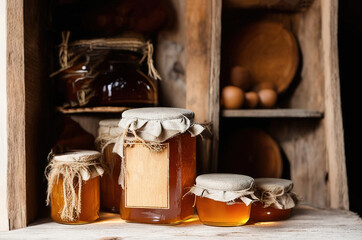Various sizes of glass containers filled with assortments of fresh raw honey