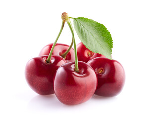 Cherries with leaf in closeup