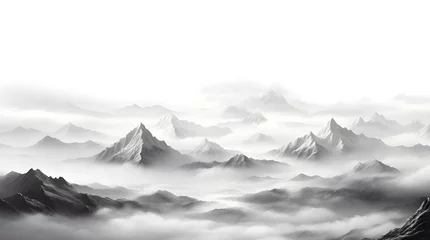Schilderijen op glas Close up of mountains and clouds, Misty Skies Offer Glimpse of Towering Mountain Peaks. Generated AI © muhammadi
