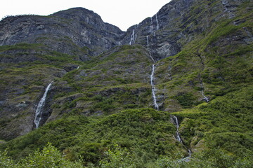 Waterfalls in the mountains at Gudvangen in Norway, Europe
