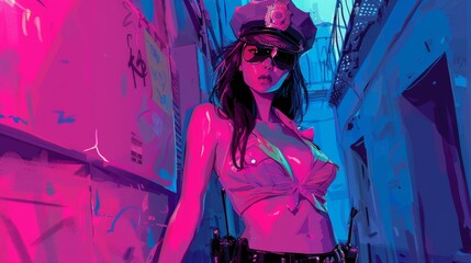 Vector illustration of sexy beautiful female police officer. Comic book.