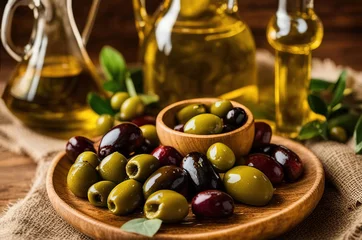 Foto op Plexiglas Pouring extra virgin olive oil in a glass bowl  and olives © Ekaterina Senakosava