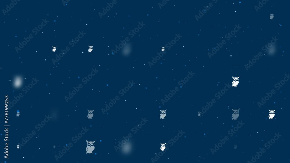 Poster template animation of evenly spaced owl symbols of different sizes and opacity. animation of transpa