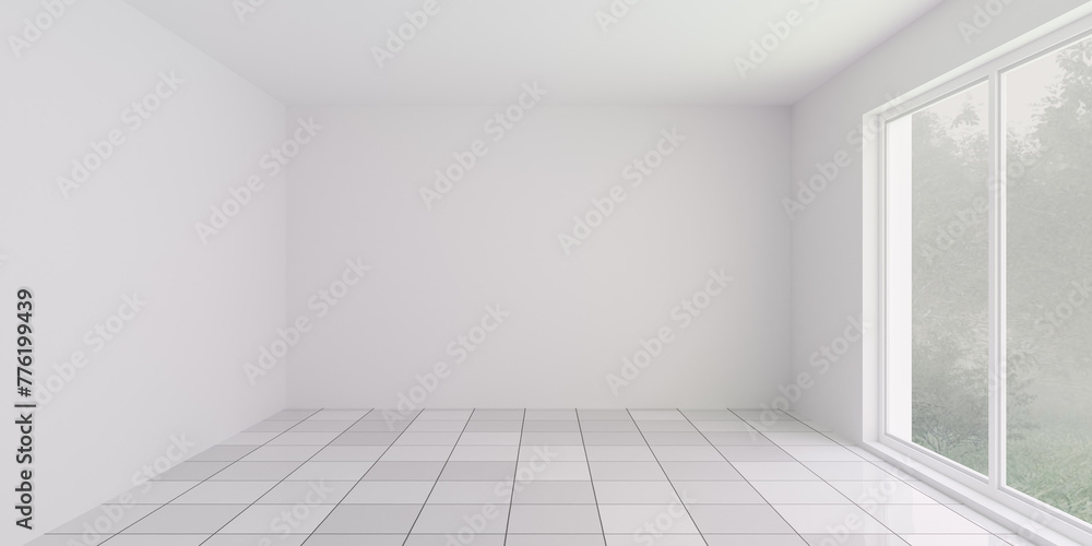 Poster empty room with large window and tiled floor 3d render illustration