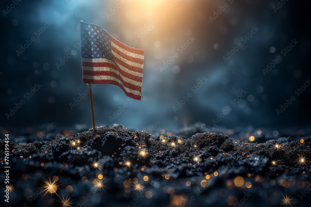 Wall mural memorial day banner. premium holiday background featuring american flag on black stone with copy-spa