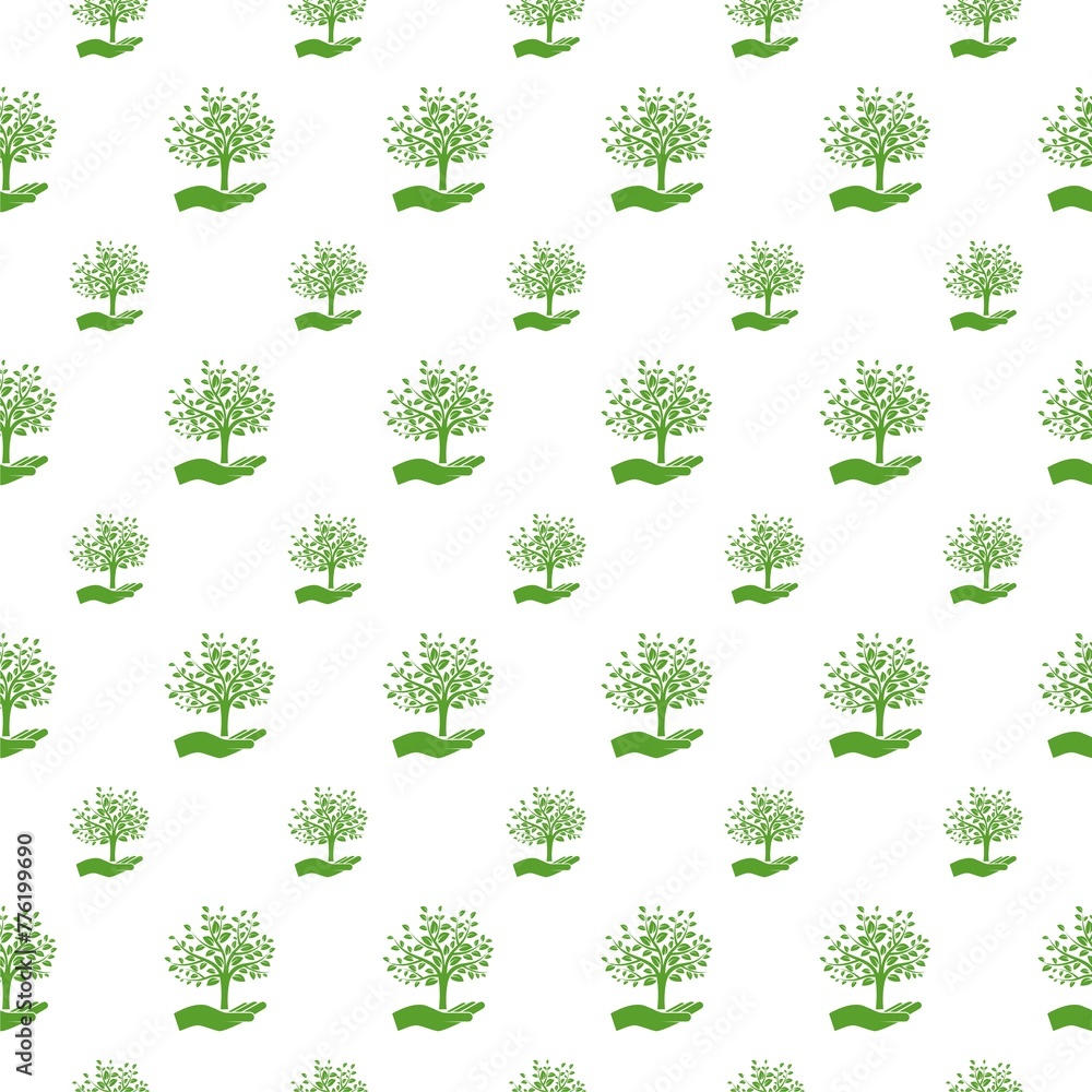 Poster hand with a tree logo seamless pattern isolated on white background
