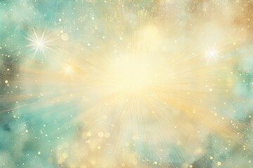 Gold sparkler exploding in golden rays on a pale teal, turquoise background of smoke, watered colors. Summer feeling full of joy, energy, vacation, exploration. - obrazy, fototapety, plakaty