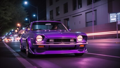 Purple classic sports car on the city street in night