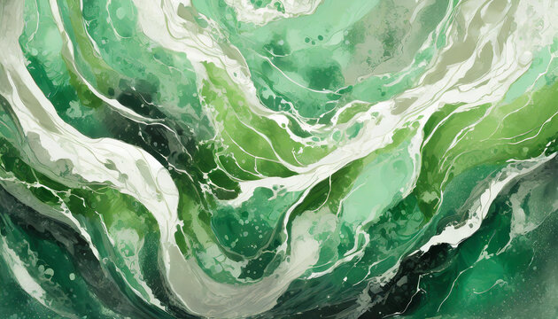 Beautiful pastel green splashes of paint. Marble effect texture. Acrylic paining. Abstract waves.