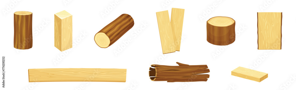 Poster wooden material and object of sawmill vector set