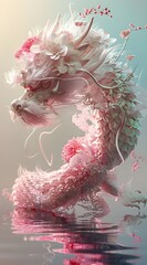 Chinese dragon with pink body, white hair and flowers on its head.