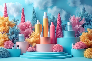 Colorful product presentation in a surreal forest