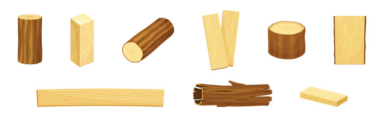 Wooden Material and Object of Sawmill Vector Set