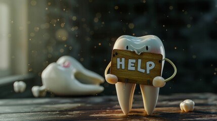 Cute cartoon character of tooth. Sad and calling for help.