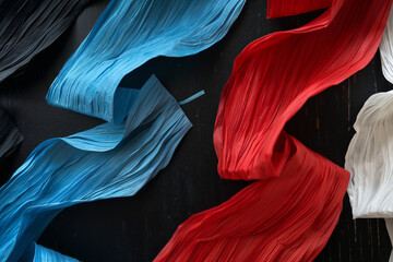 Red white and blue crepe paper on black background. Generative AI - obrazy, fototapety, plakaty