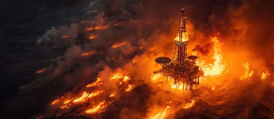 Aerial View of Drilling Rig Amidst Raging Oil Well Blowout Inferno - obrazy, fototapety, plakaty