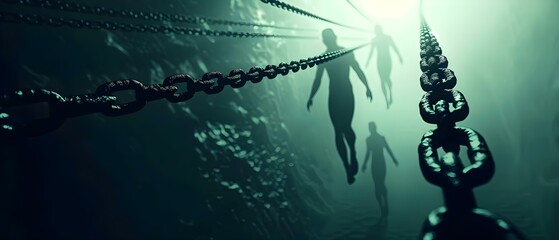 Image depicting the harsh realities of modern slavery and human trafficking with individuals in chains and captivity. Concept Human Trafficking, Modern Slavery, Captivity, Social Justice, Abuse - obrazy, fototapety, plakaty