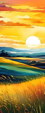 abstract painting of grasslands under a blazing sunset waves of greens