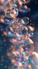The end of translucence soap bubble ruptures into a cascade of glimmering droplets