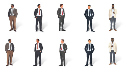 Set of minimal flat drawing illustrations - different men in business suit, transparent background with shadow, facing both ways. Generative AI