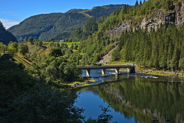 Road bridge at the lake Evangervatnet in Norway, Europe
