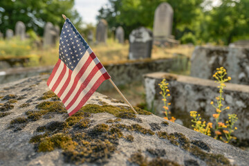 The American flag placed on the grave of a fallen soldier, a poignant tribute to their sacrifice....